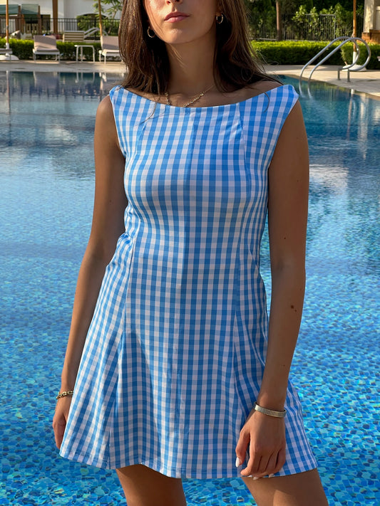 Blue Gingham Swimsuit Dress