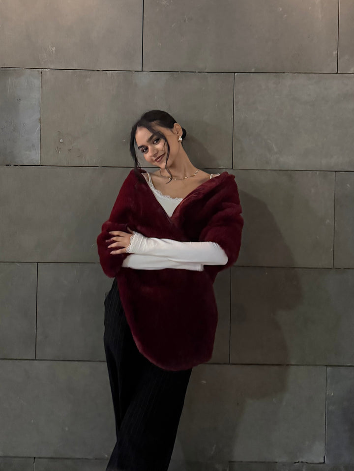 Burgundy Fur Shawl